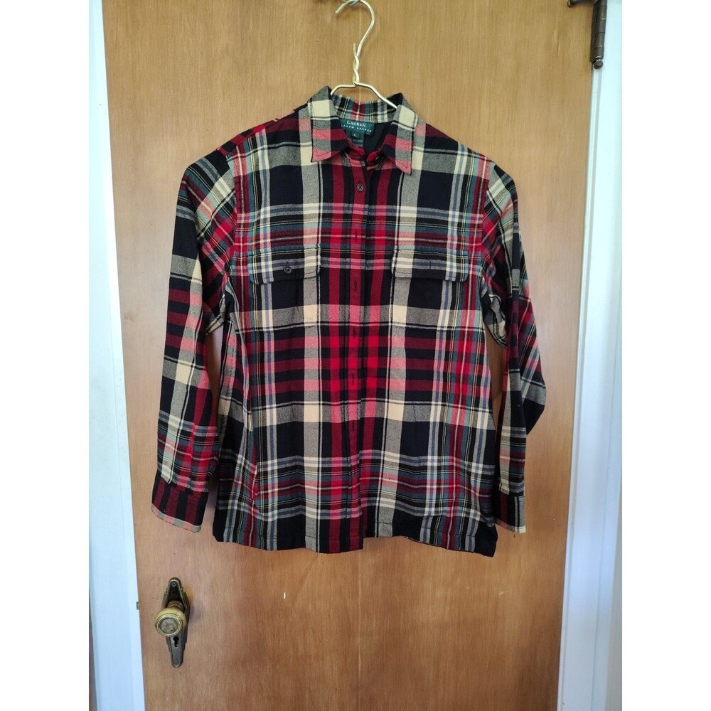 LAUREN RALPH LAUREN Wool Plaid Shirt Red Black Cream Long Sleeves Womens Large